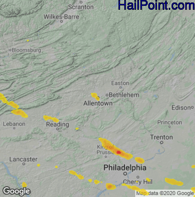 Hail Map for Allentown, PA Region on July 21, 2021