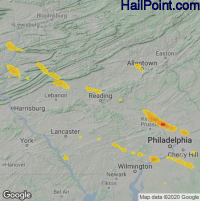 Hail Map for Reading, PA Region on July 21, 2021