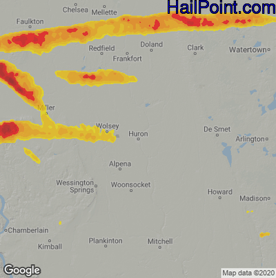 Hail Map for Huron, SD Region on July 25, 2021 