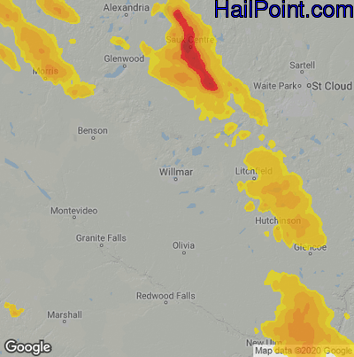 Hail Map for Willmar, MN Region on July 28, 2021