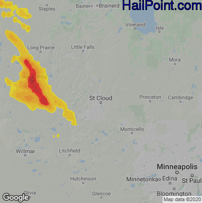 Hail Map for St Cloud, MN Region on July 28, 2021