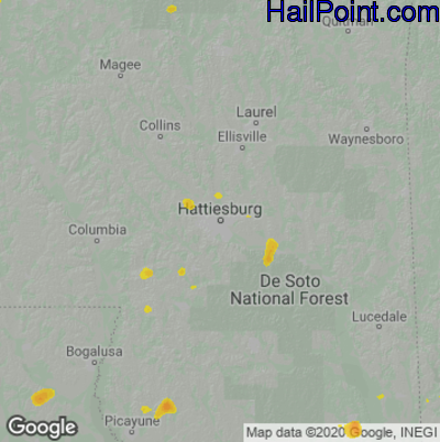Hail Map for Hattiesburg, MS Region on July 28, 2021