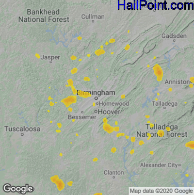 Hail Map for Birmingham, AL Region on July 31, 2021