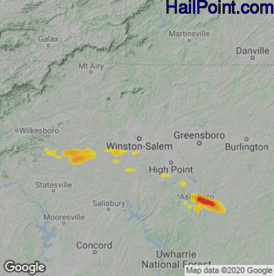 Hail Map for Winston-Salem, NC Region on August 1, 2021