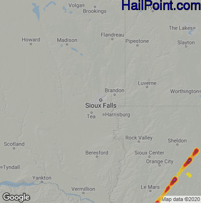 Hail Map for Sioux Falls, SD Region on August 2, 2021