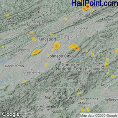 Hail Map for Johnson City, TN Region on August 7, 2021 