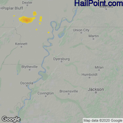 Hail Map for Dyersburg, TN Region on August 9, 2021
