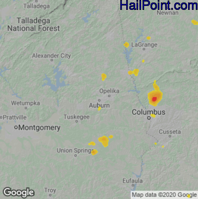 Hail Map for Auburn, AL Region on August 10, 2021