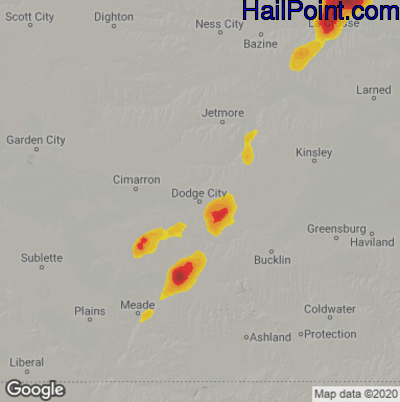 Hail Map for Dodge City, KS Region on August 10, 2021 
