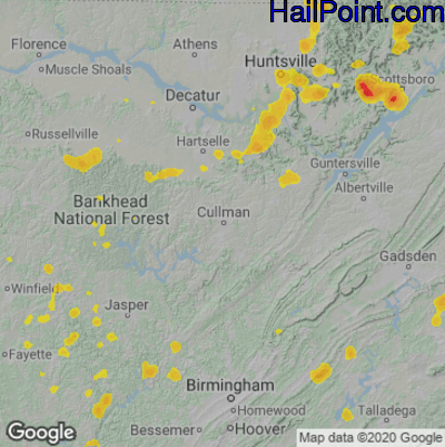 Hail Map for Cullman, AL Region on August 11, 2021 