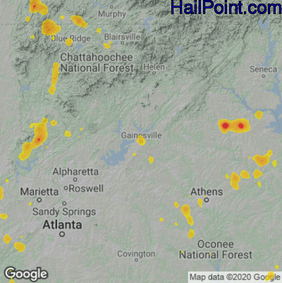 Hail Map for Gainsville, GA Region on August 11, 2021