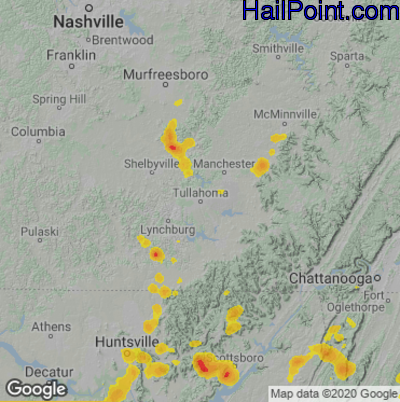 Hail Map for Tullahoma, TN Region on August 11, 2021