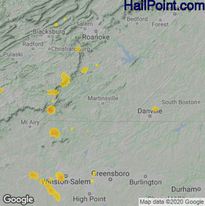 Hail Map for Martinsville, VA Region on August 12, 2021