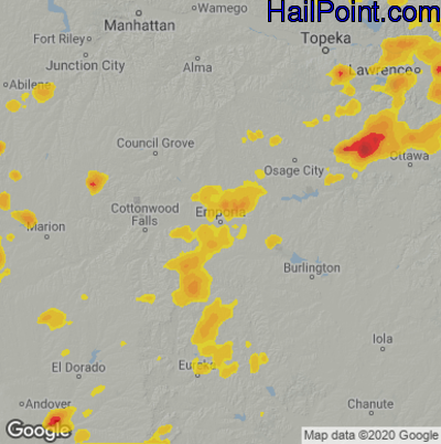 Hail Map for Emporia, KS Region on August 12, 2021