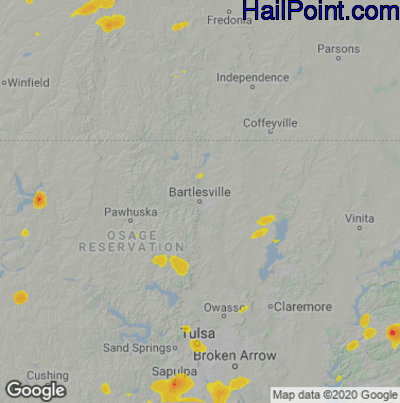 Hail Map for Bartlesville, OK Region on August 13, 2021