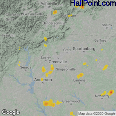 Hail Map for Greenville, SC Region on August 14, 2021