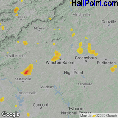 Hail Map for Winston-Salem, NC Region on August 14, 2021