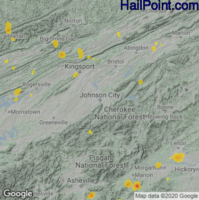 Hail Map for Johnson City, TN Region on August 14, 2021