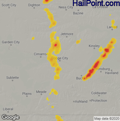 Hail Map for Dodge City, KS Region on August 15, 2021