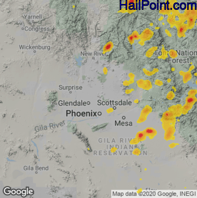 Hail Map for Phoenix, AZ Region on August 16, 2021 