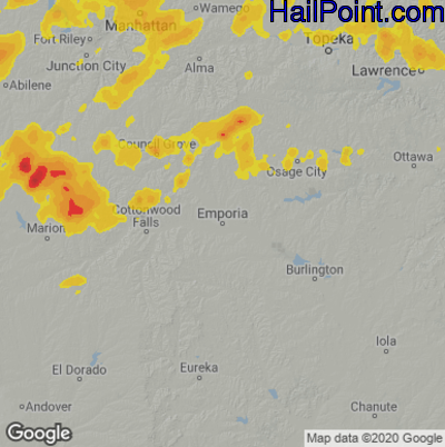 Hail Map for Emporia, KS Region on August 20, 2021