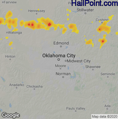 Hail Map for Oklahoma City, OK Region on August 21, 2021