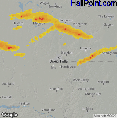 Hail Map for Sioux Falls, SD Region on August 22, 2021