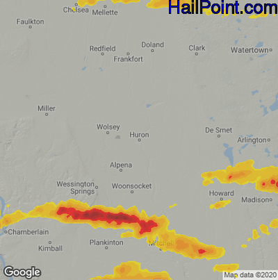 Hail Map for Huron, SD Region on August 22, 2021
