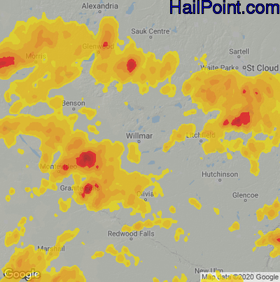 Hail Map for Willmar, MN Region on August 24, 2021 