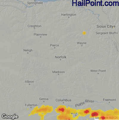 Hail Map for Norfolk, NE Region on August 25, 2021