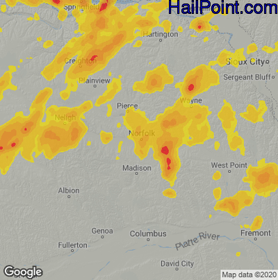 Hail Map for Norfolk, NE Region on August 25, 2021