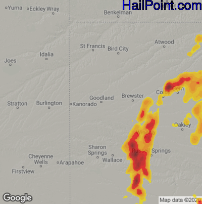 Hail Map for Goodland, KS Region on August 25, 2021
