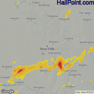 Hail Map for Sioux Falls, SD Region on August 27, 2021