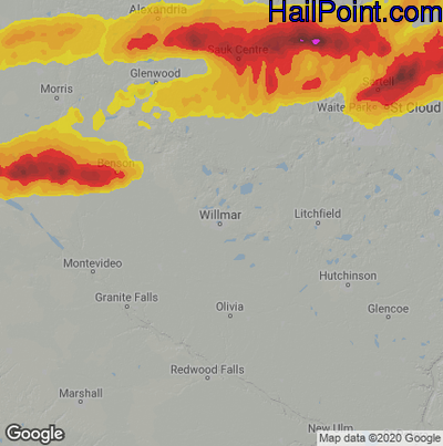 Hail Map for Willmar, MN Region on August 28, 2021 