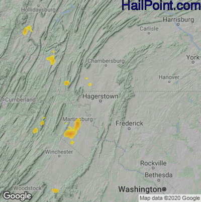 Hail Map for Hagerstown, MD Region on August 28, 2021