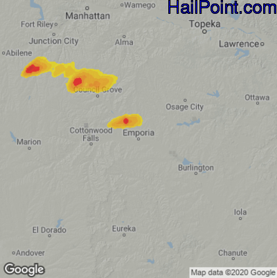 Hail Map for Emporia, KS Region on September 2, 2021