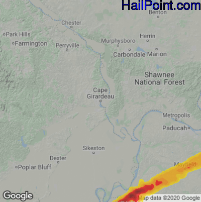 Hail Map for Cape Girardeau, MO Region on December 11, 2021 