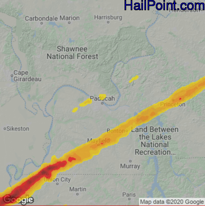 Hail Map for Paducah, KY Region on December 11, 2021