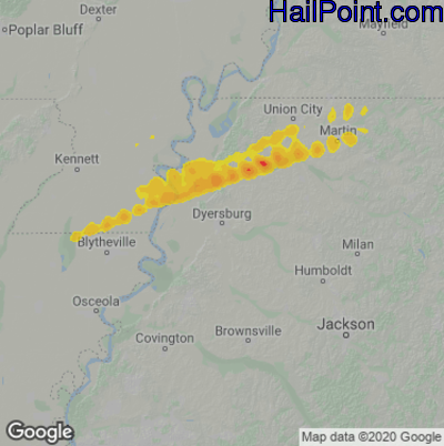 Hail Map for Dyersburg, TN Region on January 1, 2022