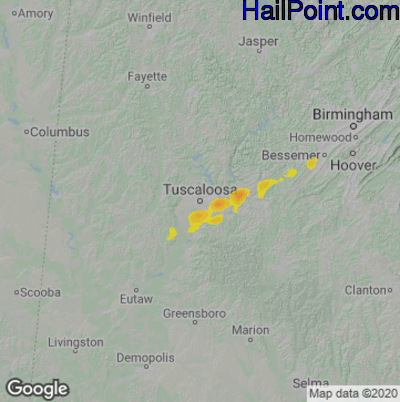 Hail Map for Tuscaloosa, AL Region on February 17, 2022 