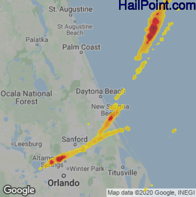 Hail Map for Daytona Beach, FL Region on March 16, 2022