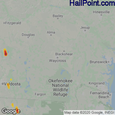 Hail Map for Waycross, GA Region on March 29, 2022