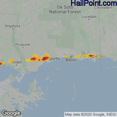 Hail Map for Gulfport, MS Region on March 29, 2022
