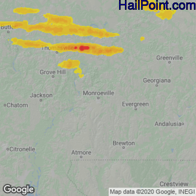 Hail Map for Monroeville, AL Region on April 7, 2022