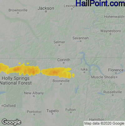 Hail Map for Corinth, MS Region on April 12, 2022 