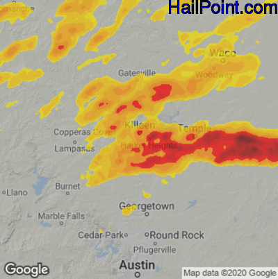 Hail Map for Killeen, TX Region on April 12, 2022