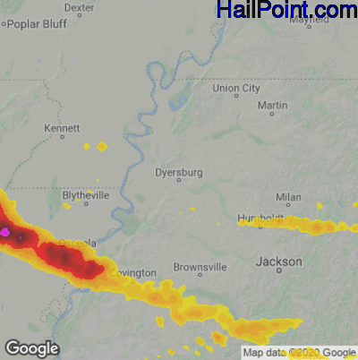 Hail Map for Dyersburg, TN Region on April 16, 2022