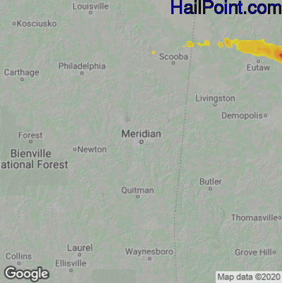 Hail Map for Meridan, MS Region on April 16, 2022