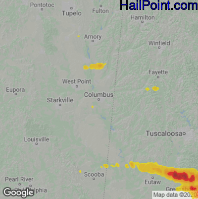 Hail Map for Columbus, MS Region on April 16, 2022