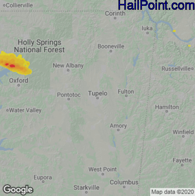 Hail Map for Tupelo, MS Region on April 16, 2022